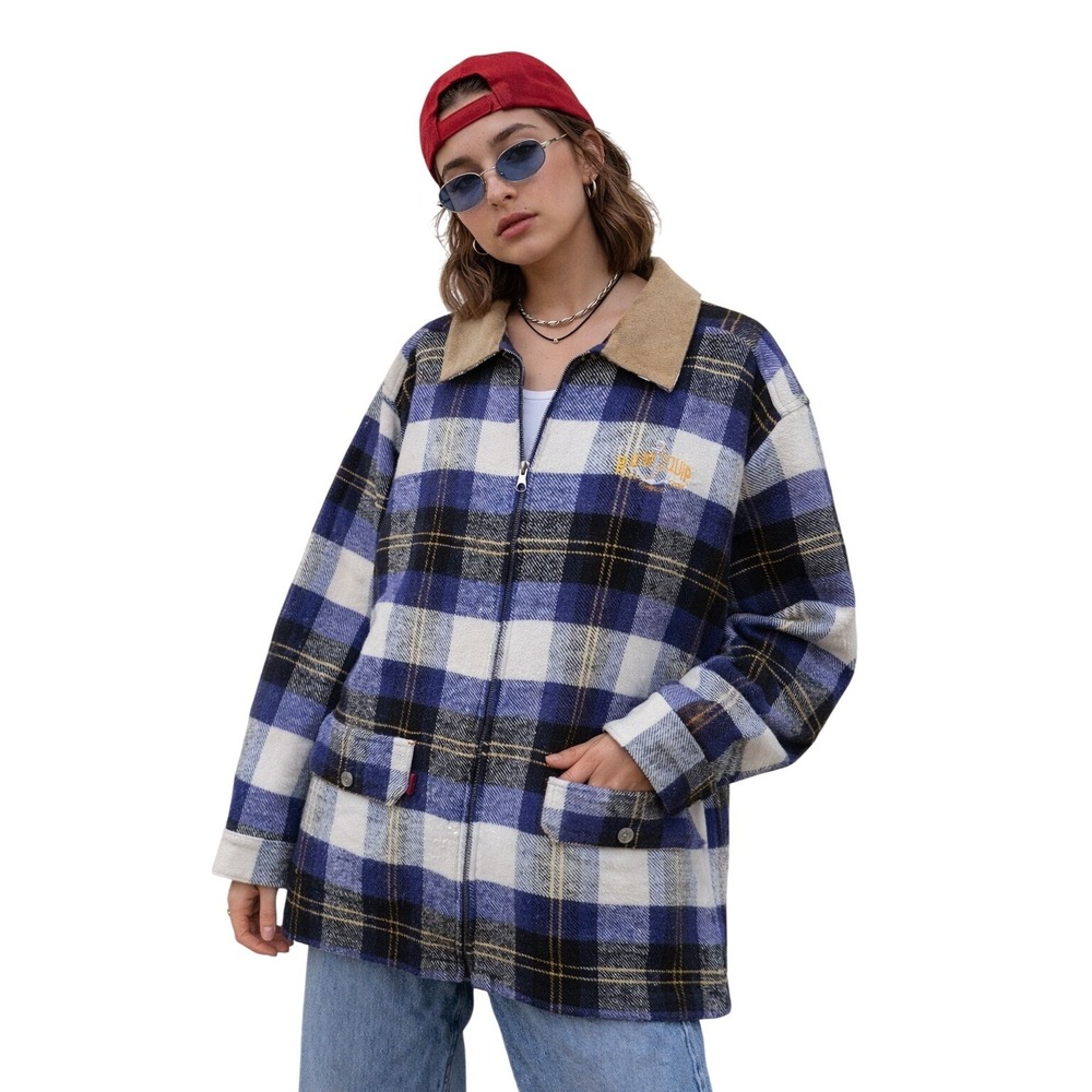 B.U.M. EQUIPMENT Plaid Zip Front Shacket Jacket Tan Collar Blue‎ Size M 90's